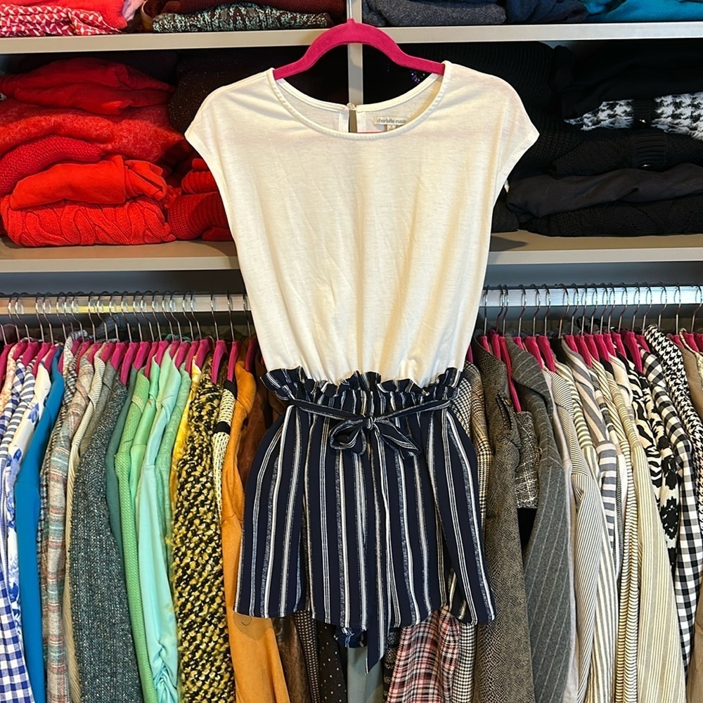 Charlotte Russe white/navy striped button back closure tie front romper size S